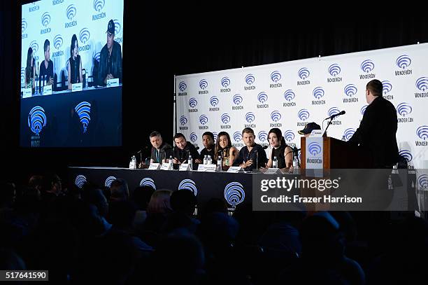 Writer/Executive producers Steven Kane, Hank Steinberg, actors Jocko Sims, Marissa Neitling, Travis Van Winkle, Bridget Regan and Adam Baldwin speak...