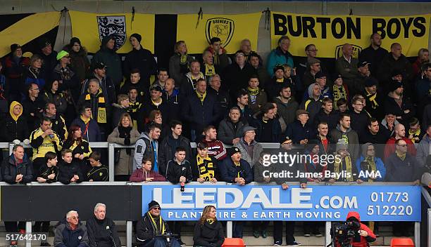 Supporters of Burton Albion during the Sky Bet League One match between Burton Albion and Oldham Athletic at Pirelli Stadium on March 26, 2016 in...