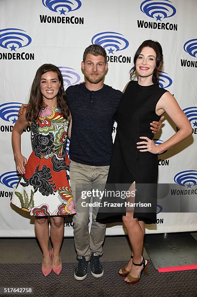 Actors Marissa Neitling, Travis Van Winkle and Bridget Regan attend 'The Last Ship' panel, TNT at Wondercon 2016 at Los Angeles Convention Center on...