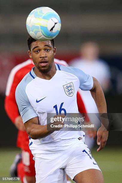 Jordon Ibe of England U21 runs with the ball during the European Under 21 Qualifier match between Switzerland U21 and England U21 at Stockhorn Arena...