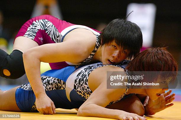 Saori Yoshida and Seiko Yamamoto compete in the Women's -55kg final during day two of the All Japan Wrestling Championships at the Yoyogi National...