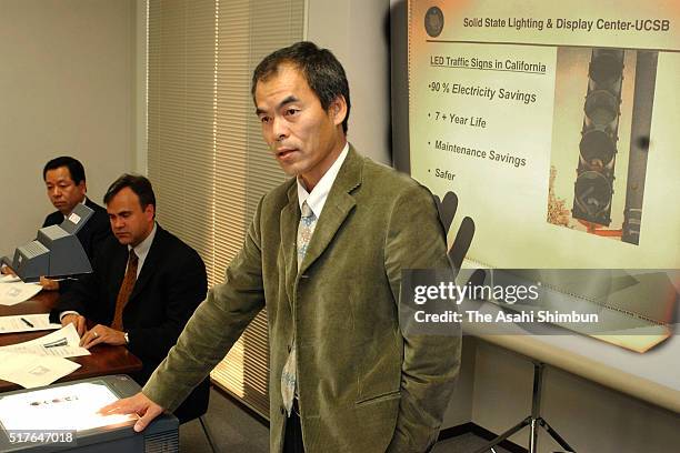 Shuji Nakamura attends a press conference after semiconductor maker Rohm announces to donate the research fund on February 6, 2002 in Tokyo, Japan.