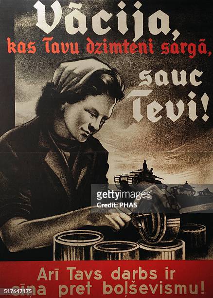 World War II. Nazi Occupation of Latvia . Nazi's propaganda poster, inviting the Latvians to seek employment in the German war industry, 1942....