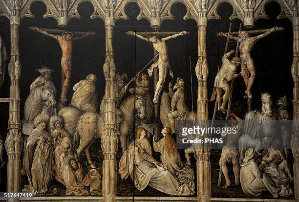 Gabriel Angler . German painter. Crucifixion with saints Coloman, Quirin, Castor and Chrysogonus, ca. 1440. Detail. Alte Pinakothek, Munich, Germany.