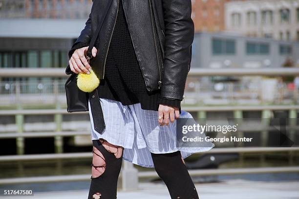 Emily Mercer wearing shirt dress by OAK, Urban Outfitters black leather jacket, black knitted sweater by Levi's, black ripped tights, PaPer minT...