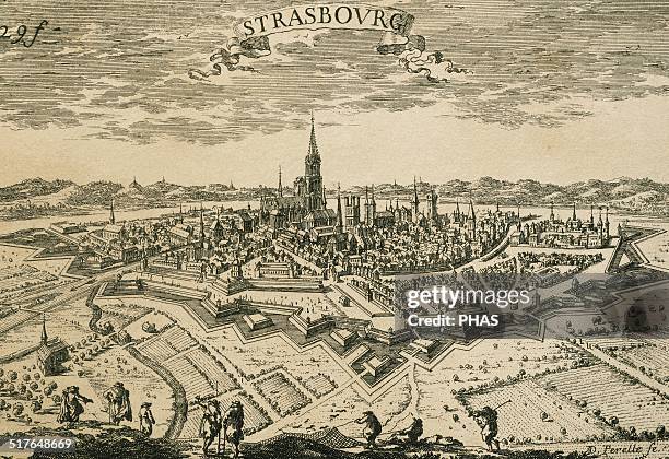 France, Strasbourg. Panorama of the walled city. Engraving, 17th century.