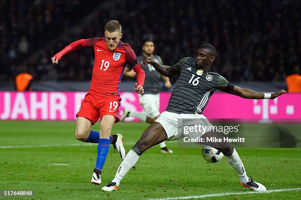 Jamie Vardy of England scores his team's second goal during the International Friendly match between Germany and England at Olympiastadion on March...