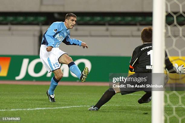 Aleksandar Zivkovic of Jubilo Iwata scores his team's first goal during the J.League match between Jubilo Iwata and Nagoya Grampus Eight at the...