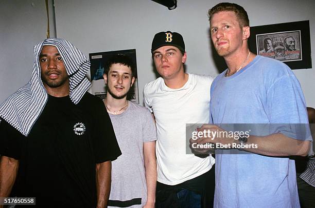 Tip, Harmony Korine, Leonardo Dicaprio and Michael Rapaport backstage at A Tribe Called Quest show at Tramps in New York City on June 18, 1998.