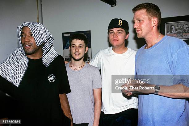 Tip, Harmony Korine, Leonardo Dicaprio and Michael Rapaport backstage at A Tribe Called Quest show at Tramps in New York City on June 18, 1998.