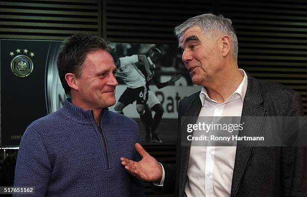 Heiko Bonan and Frank Engel , members of the Club of Former National Players, are seen prior to the friendly match between Germany and England at...