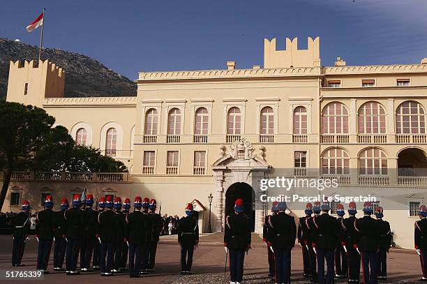 Guards are seen at Monaco Palace during the National Day Celebrations on November 19, 2004 in Monte Carlo, Monaco.