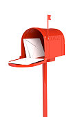 Open red mailbox with letters on white background.3D illustration