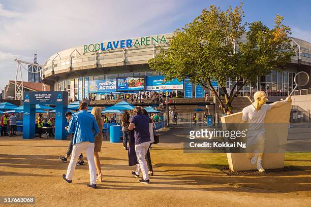 spectators arriving at rod laver arena - australian open tennis stock pictures, royalty-free photos & images