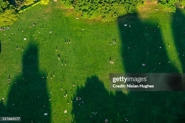 sheep meadow in central park nyc looking down - new york aerial stockfoto's en -beelden