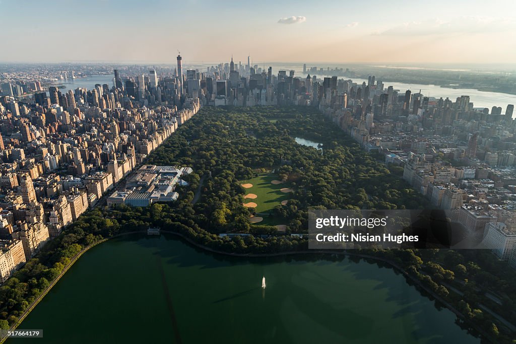 Aerial over Central Park looking at Manhattan