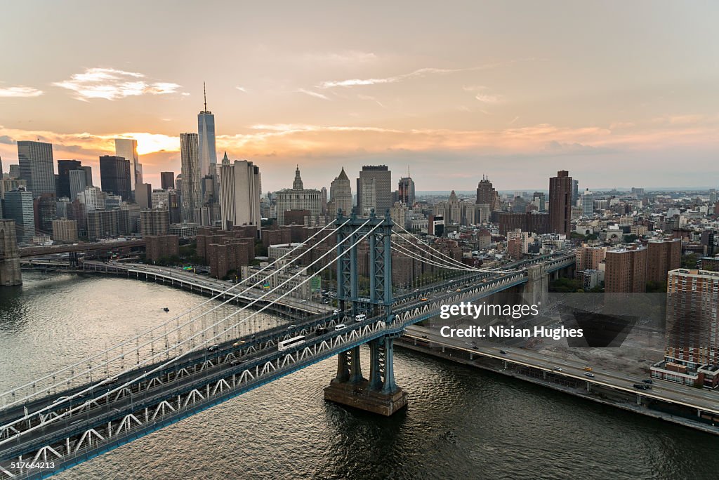 Aerial over East River of Manhattan Bridge