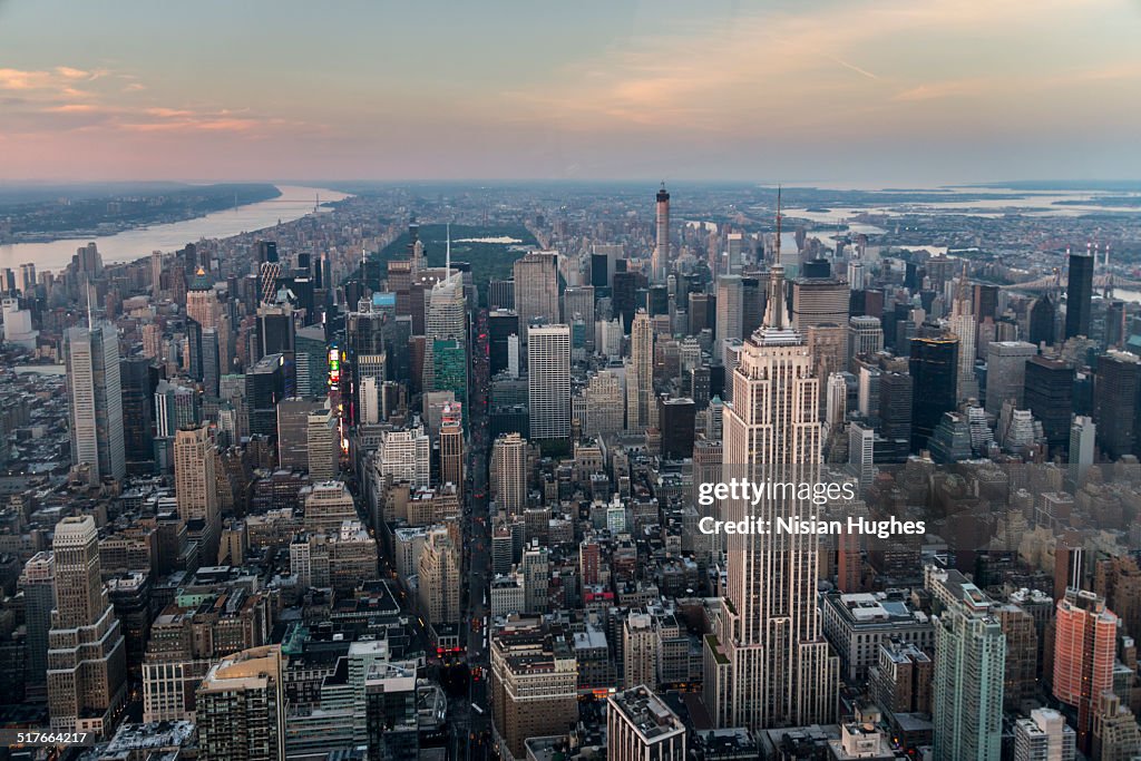 Aerial flying over midtown Manhattan looking North