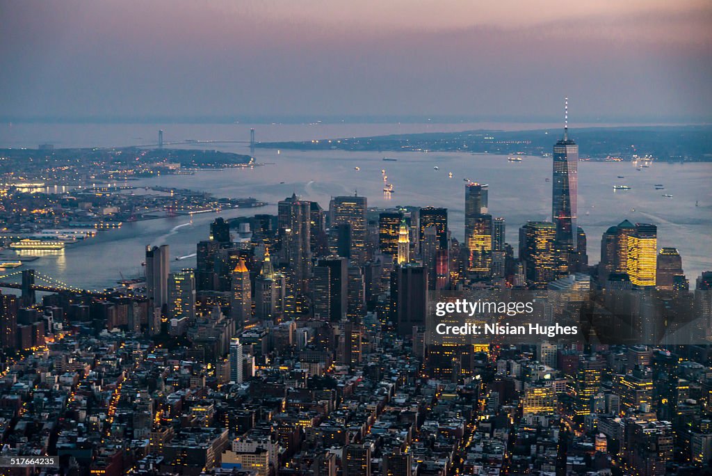 Aerial of Downtown Manhattan NYC sunset