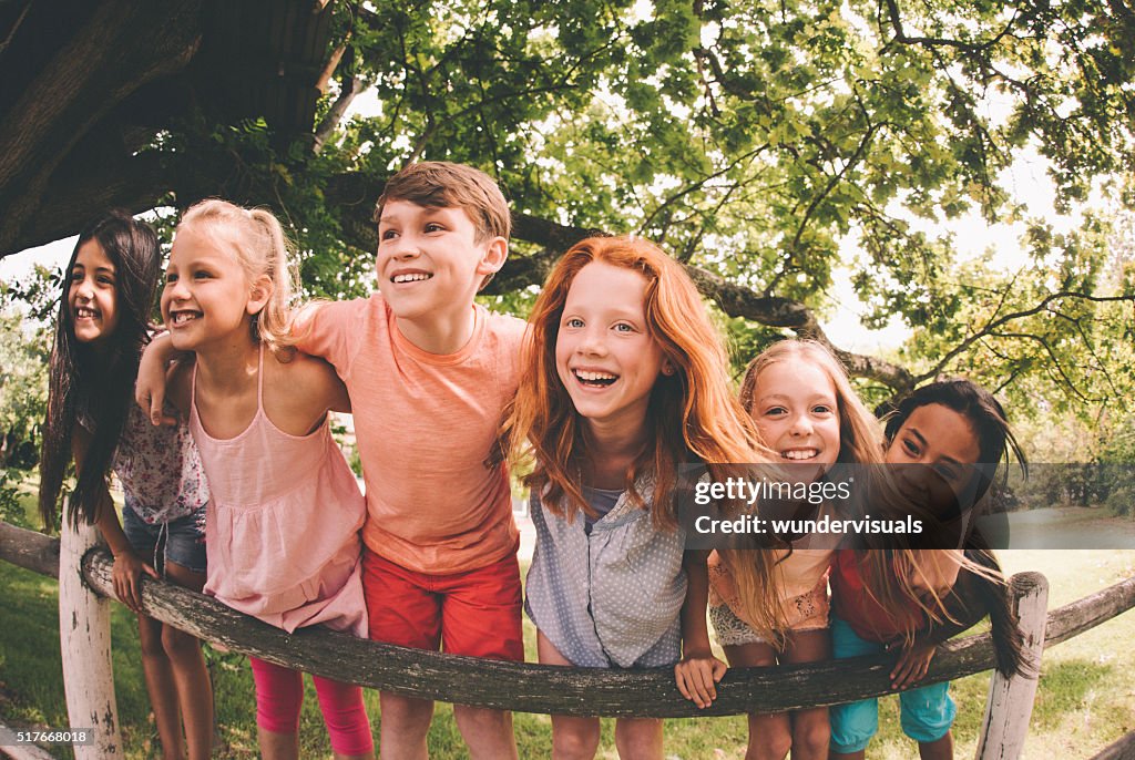 Mixed racial group of laughing children in a summer park