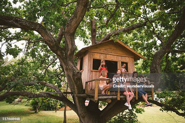 group of children in a treehouse blowing bubbles - kids fort stock pictures, royalty-free photos & images