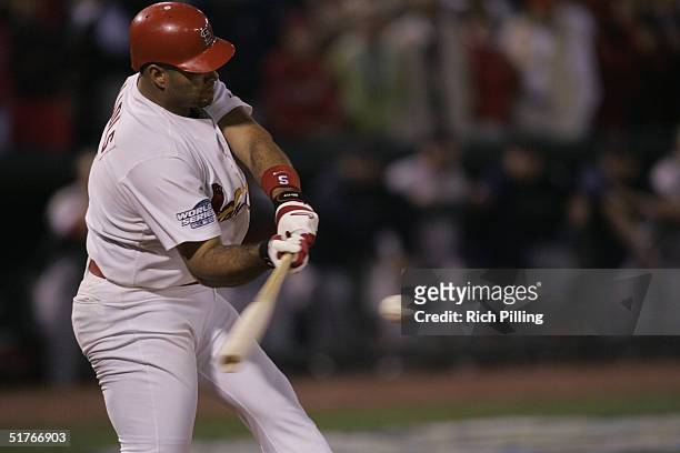 Alobert Pujols of the St. Louis Cardinals bats during game four of the 2004 World Series against the Boston Red Sox at Busch Stadium on October 27,...