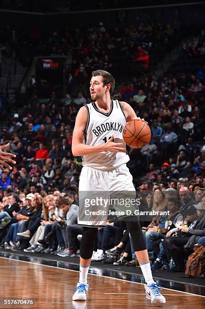 Sergey Karasev of the Brooklyn Nets looks to pass the ball against the Indiana Pacers on March 26, 2016 at Barclays Center in Brooklyn, New York....