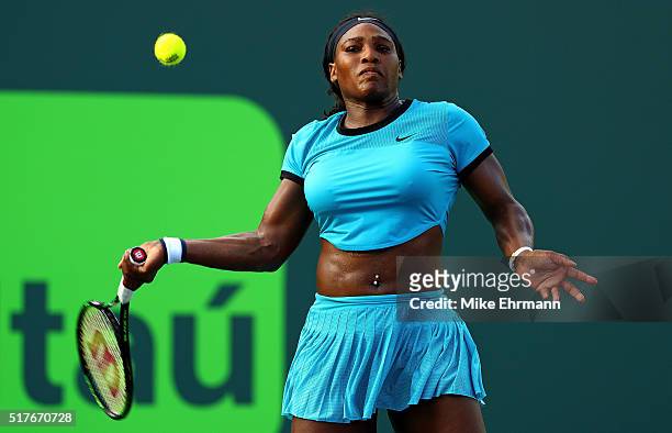 Serena Williams plays a match against Zarina Diyas of Kazakhstan during Day 6 of the Miami Open presented by Itau at Crandon Park Tennis Center on...