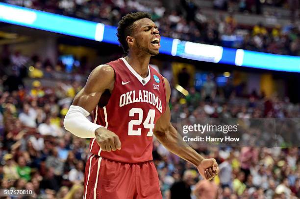 Buddy Hield of the Oklahoma Sooners reacts in the first half while taking on the Oregon Ducks in the NCAA Men's Basketball Tournament West Regional...