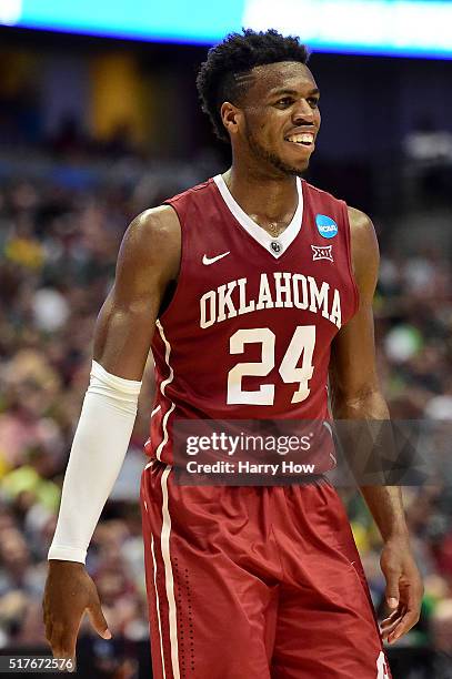 Buddy Hield of the Oklahoma Sooners reacts in the second half while taking on the Oregon Ducks in the NCAA Men's Basketball Tournament West Regional...