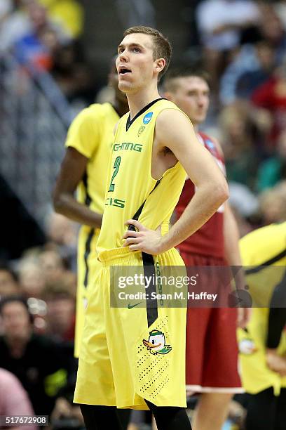 Casey Benson of the Oregon Ducks reacts in the second half while taking on the Oklahoma Sooners in the NCAA Men's Basketball Tournament West Regional...