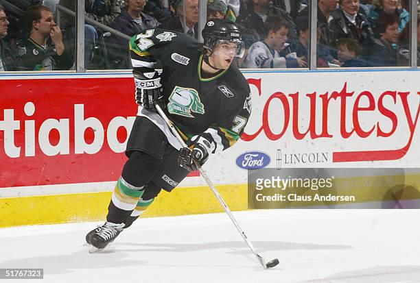 Bryan Rodney of the London Knights starts the breakout play against the Mississauga IceDogs during the Ontario Hockey League game at John Labatt...