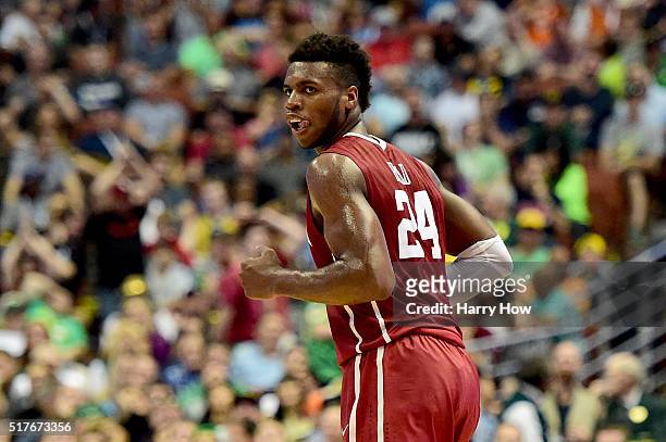 Buddy Hield of the Oklahoma Sooners reacts in the second half while taking on the Oregon Ducks in the NCAA Men's Basketball Tournament West Regional...