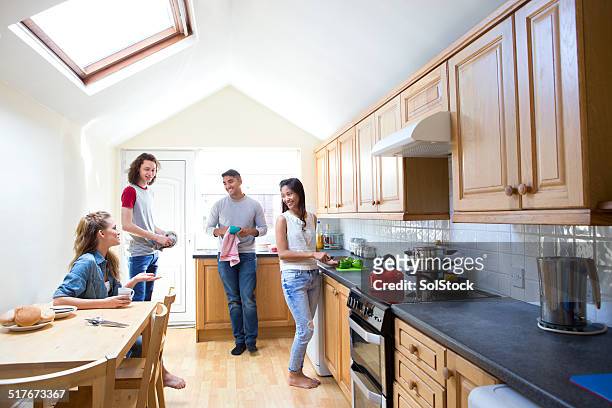 jovens adultos na cozinha - parceiro de apartamento - fotografias e filmes do acervo