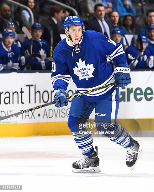 Frank Corrado of the Toronto Maple Leafs during game action against the Boston Bruins on March 26, 2016 at Air Canada Centre in Toronto, Ontario,...