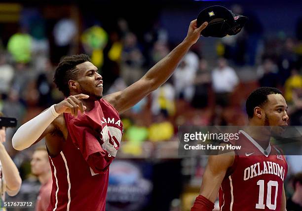 Buddy Hield of the Oklahoma Sooners celebrates their 80-68 victory against the Oregon Ducks in the NCAA Men's Basketball Tournament West Regional...