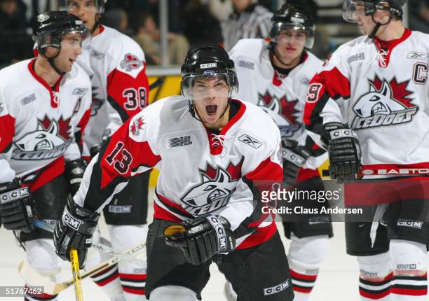 Daniel Carcillo of the Mississauga IceDogs celebrates during the Ontario Hockey League game against the London Knights at John Labatt Centre on...