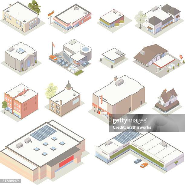 isometric shops and businesses illustration - mathisworks architecture stock illustrations