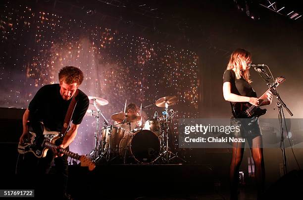 Joff Oddie, Joel Amey and Ellie Rowsell of Wolf Alice perform at O2 Forum Kentish Town on March 26, 2016 in London, England.