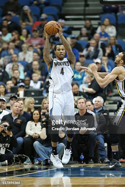 Greg Smith of the Minnesota Timberwolves jumps for the rebound against the Utah Jazz during the game on March 26, 2016 at Target Center in...