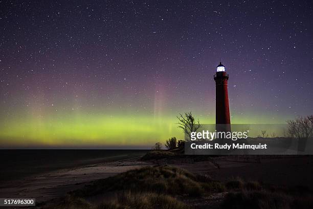 northern lights over lake michigan lighthouse - northern lights michigan bildbanksfoton och bilder