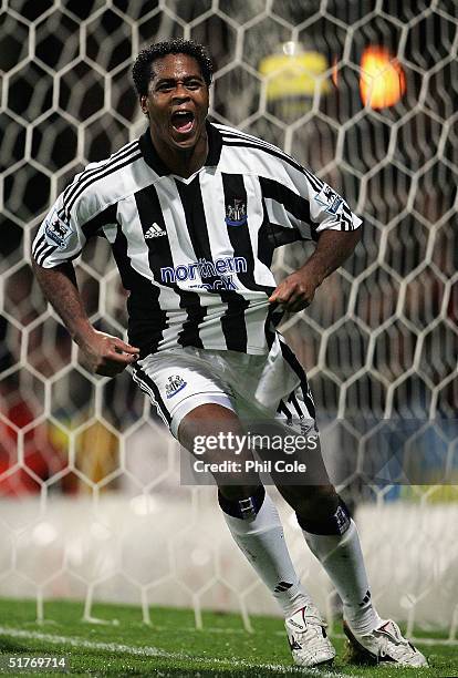 Patrick Kluivert celebrates scoring Newastle's first goal during the Barclays Premiership match between Crystal Palace and Newcastle United at...