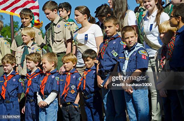 boy scouts and girl scouts - girl guides badges stockfoto's en -beelden