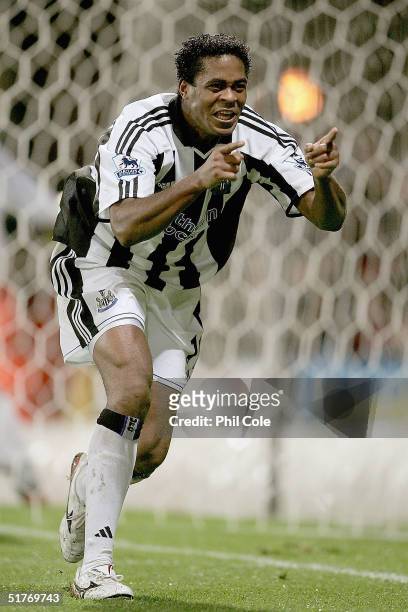 Patrick Kluivert celebrates scoring Newastle's first goal during the Barclays Premiership match between Crystal Palace and Newcastle United at...