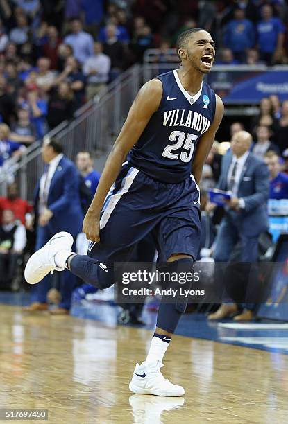 Mikal Bridges of the Villanova Wildcats celebrates defeating the Kansas Jayhawks 64-59 during the 2016 NCAA Men's Basketball Tournament South...