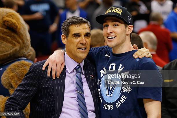 Head coach Jay Wright of the Villanova Wildcats and Ryan Arcidiacono celebrate defeating the Kansas Jayhawks 64-59 during the 2016 NCAA Men's...