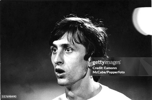 Dutch footballer Johan Cruyff on the pitch during an England v Holland international friendly at Wembley Stadium, London, 9th February 1977. Holland...