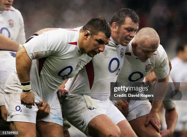 England front row Julian White, Steve Thompson and Graham Rowntree in action during the Investec Challange match between England and South Africa at...