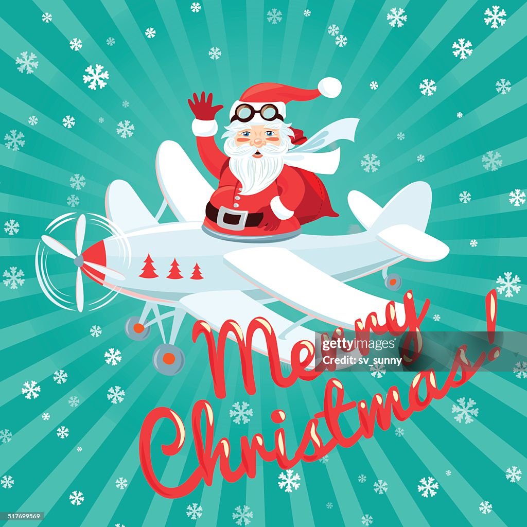 Santa In Flight Vector Waving Santa Claus Flying On The Plane High-Res Vector Graphic - Getty ...