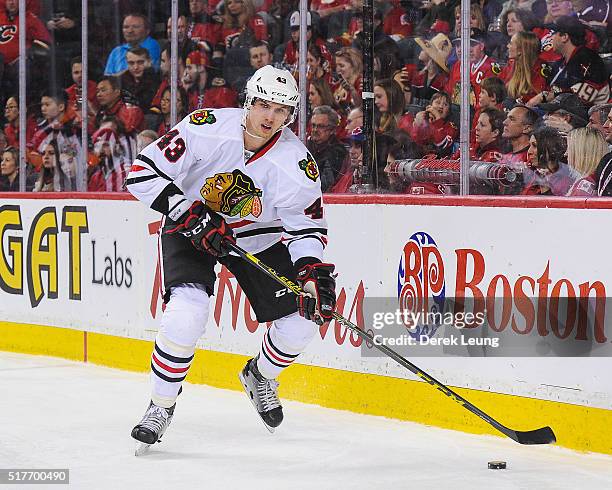 Viktor Svedberg of the Chicago Blackhawks in action against the Calgary Flames during an NHL game at Scotiabank Saddledome on March 26, 2016 in...